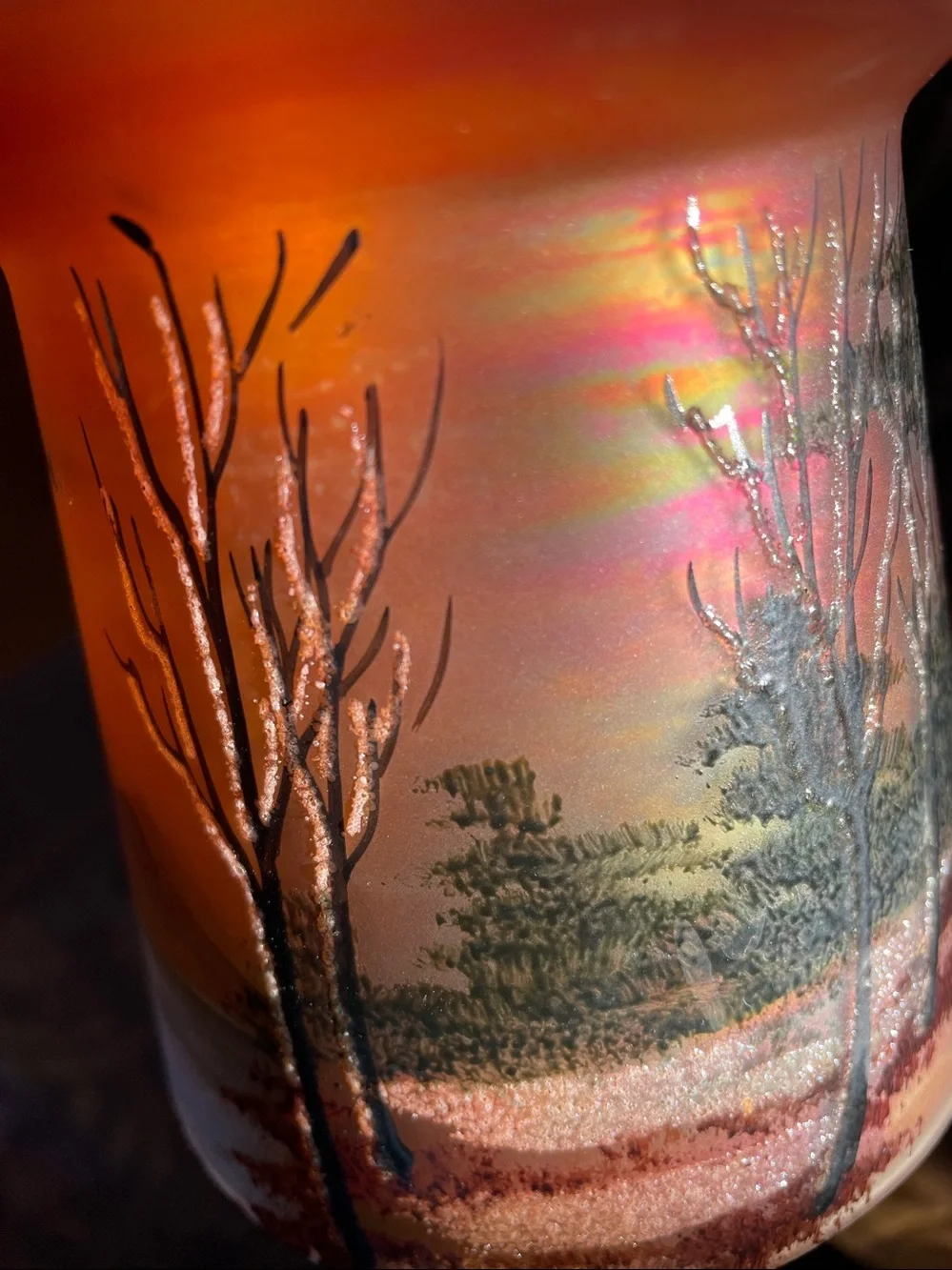 Carnival glass lamp shade from the early 1900’s, depicts a winter scene